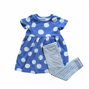 Hanna Andersson Blue Polka Dot Dress with Striped Leggings Set - Size 2T